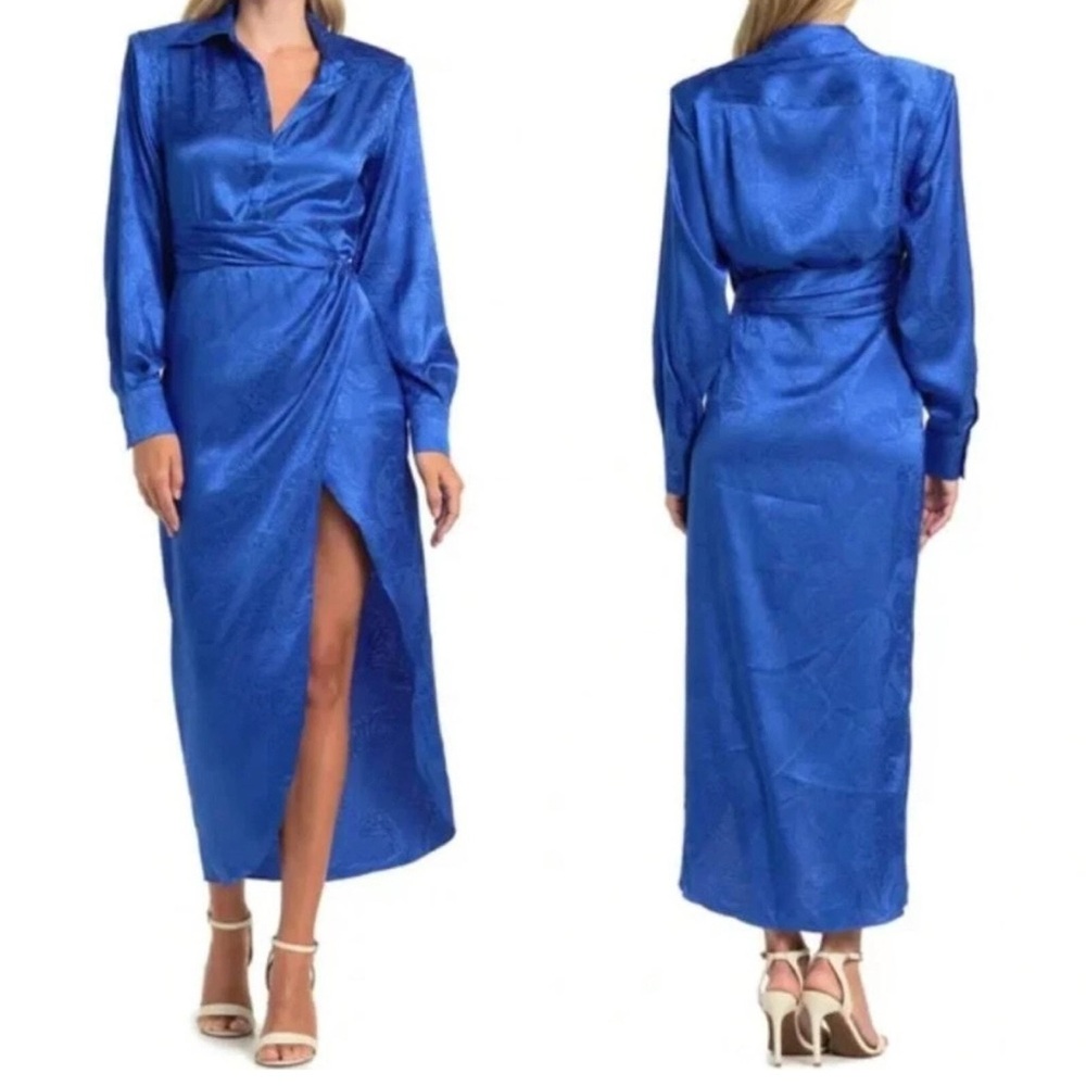 NWT Ronny Kobo Blue Bernice Satin Midi Dress Wedding Guest Size Large reg $528